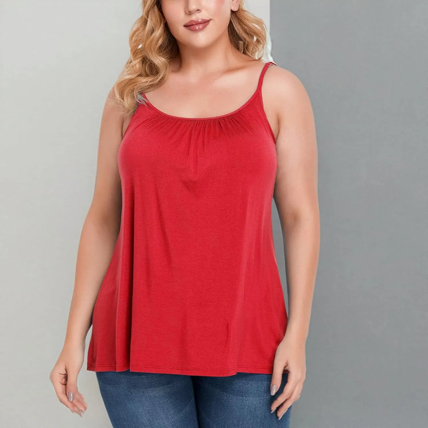 RITERA Women's Tank Top with Built in Padded Bra Cotton Shirred Flowly Relaxed Cami Adjustable Straps Camisole with Pleats