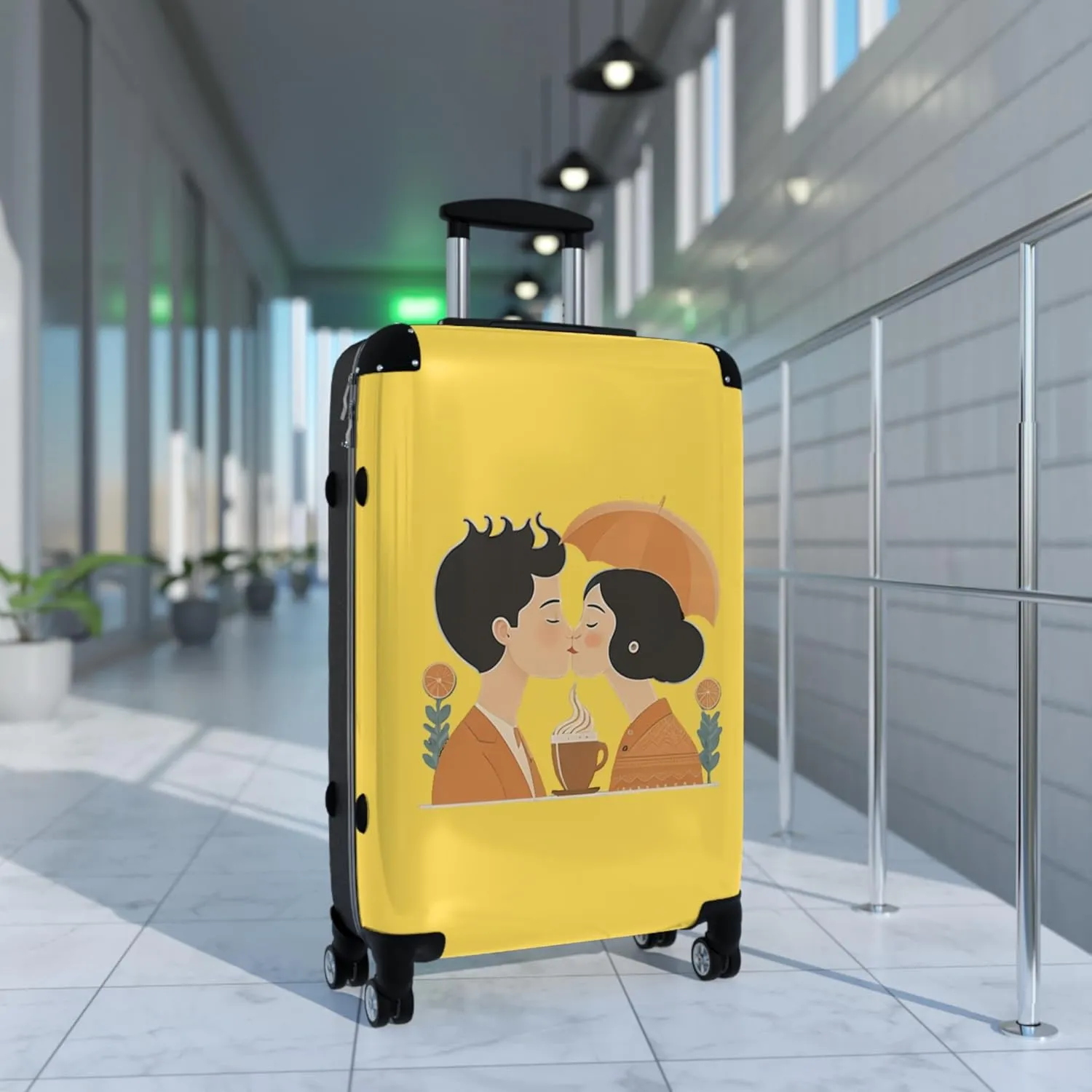 Romantic Couple Carry-On Suitcase  Coffee Kiss Illustration  Hard Shell Spinner Luggage with TSA Lock