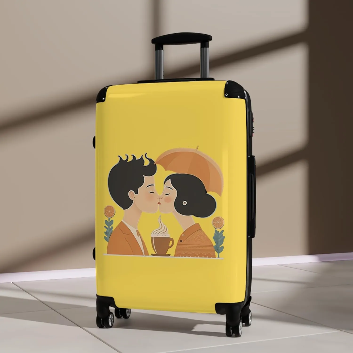 Romantic Couple Carry-On Suitcase  Coffee Kiss Illustration  Hard Shell Spinner Luggage with TSA Lock