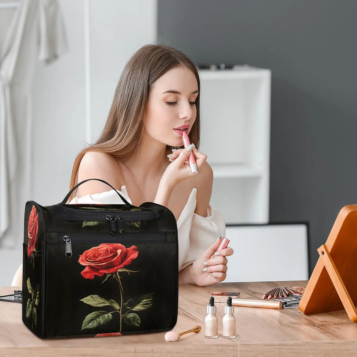 Rose Travel Toiletry Bag for Women Large Capacity Wide-open Makeup Organizer Cosmetic Travel Bags for Toiletries, Romantic Floral