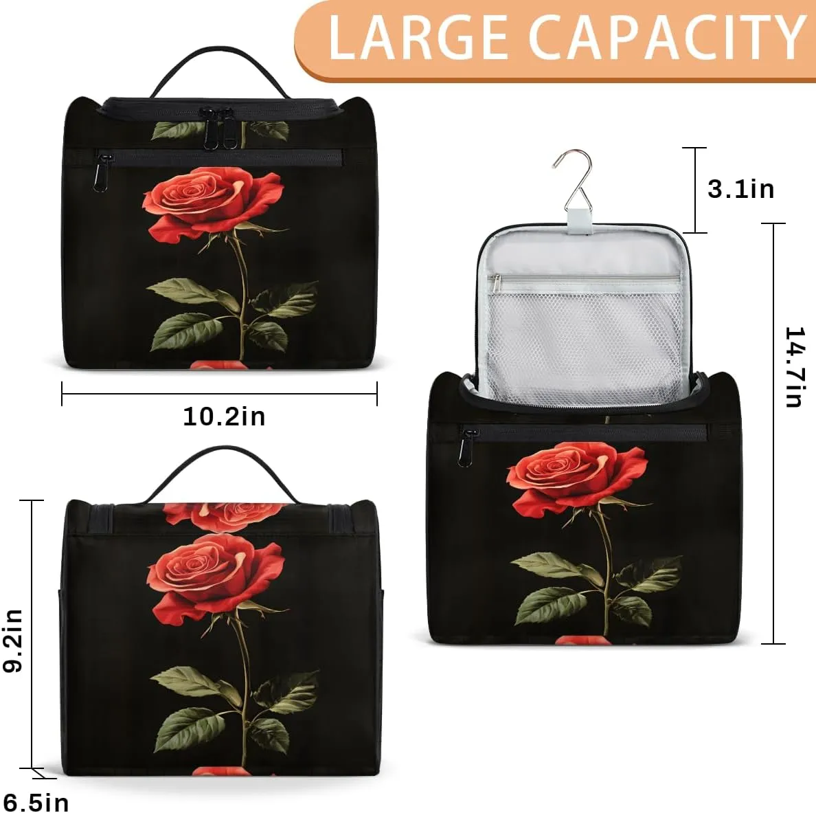 Rose Travel Toiletry Bag for Women Large Capacity Wide-open Makeup Organizer Cosmetic Travel Bags for Toiletries, Romantic Floral