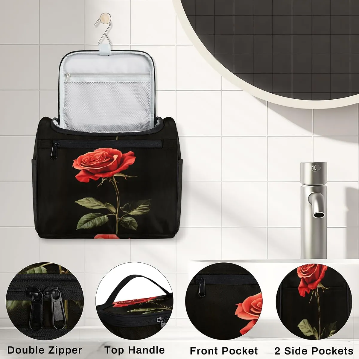 Rose Travel Toiletry Bag for Women Large Capacity Wide-open Makeup Organizer Cosmetic Travel Bags for Toiletries, Romantic Floral