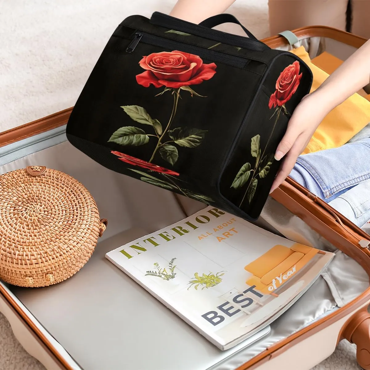 Rose Travel Toiletry Bag for Women Large Capacity Wide-open Makeup Organizer Cosmetic Travel Bags for Toiletries, Romantic Floral