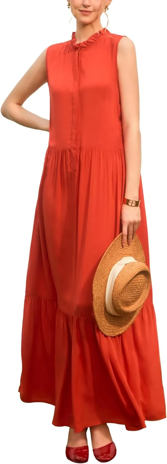 SANDY & SID Women Maxi Shirt Dresses Sleeveless Hidden Button Closure Ruffle Loose Fit Ankle Length Casual Summer Fall Outfit