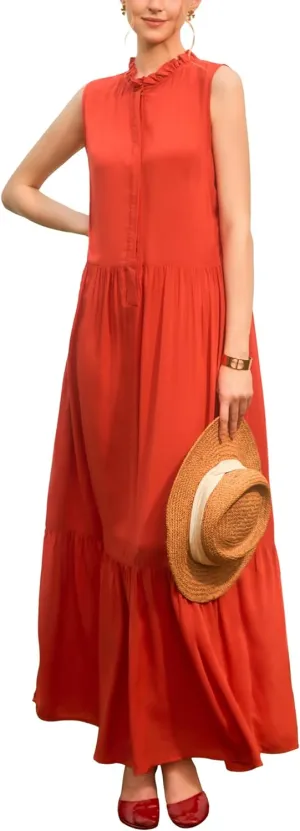 SANDY & SID Women Maxi Shirt Dresses Sleeveless Hidden Button Closure Ruffle Loose Fit Ankle Length Casual Summer Fall Outfit