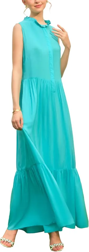 SANDY & SID Women Maxi Shirt Dresses Sleeveless Hidden Button Closure Ruffle Loose Fit Ankle Length Casual Summer Fall Outfit
