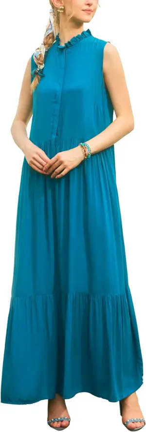 SANDY & SID Women Maxi Shirt Dresses Sleeveless Hidden Button Closure Ruffle Loose Fit Ankle Length Casual Summer Fall Outfit