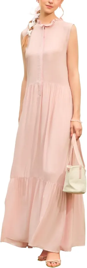 SANDY & SID Women Maxi Shirt Dresses Sleeveless Hidden Button Closure Ruffle Loose Fit Ankle Length Casual Summer Fall Outfit