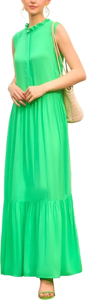 SANDY & SID Women Maxi Shirt Dresses Sleeveless Hidden Button Closure Ruffle Loose Fit Ankle Length Casual Summer Fall Outfit