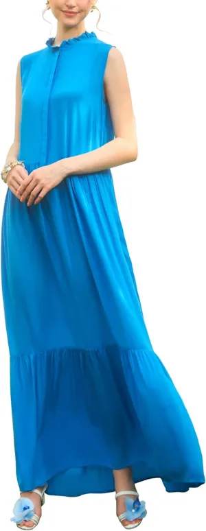 SANDY & SID Women Maxi Shirt Dresses Sleeveless Hidden Button Closure Ruffle Loose Fit Ankle Length Casual Summer Fall Outfit