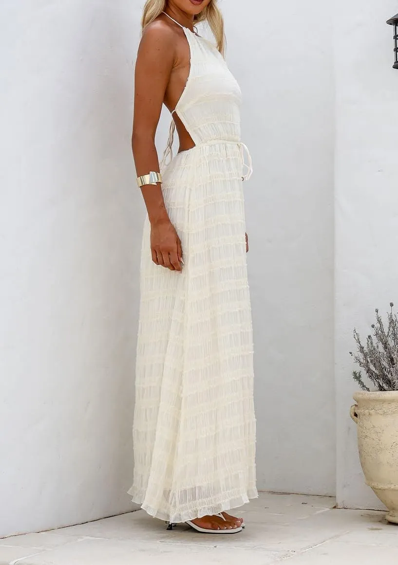 Sastianaen Women Summer Halter Neck Backless Maxi Dress Y2K Sexy Cut Out Flowy Tiered Ruffle Beach Long Dress