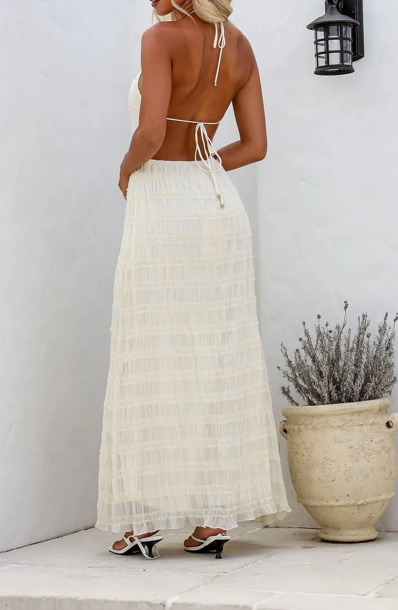 Sastianaen Women Summer Halter Neck Backless Maxi Dress Y2K Sexy Cut Out Flowy Tiered Ruffle Beach Long Dress