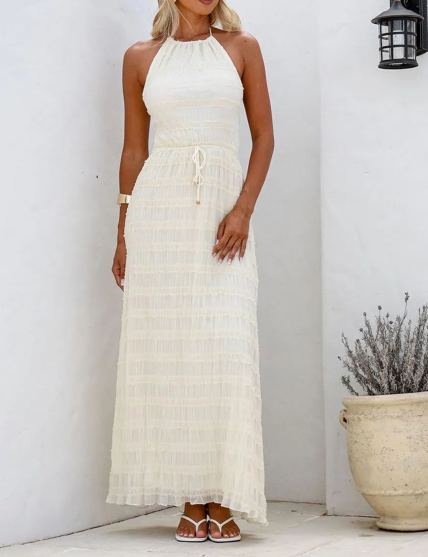Sastianaen Women Summer Halter Neck Backless Maxi Dress Y2K Sexy Cut Out Flowy Tiered Ruffle Beach Long Dress