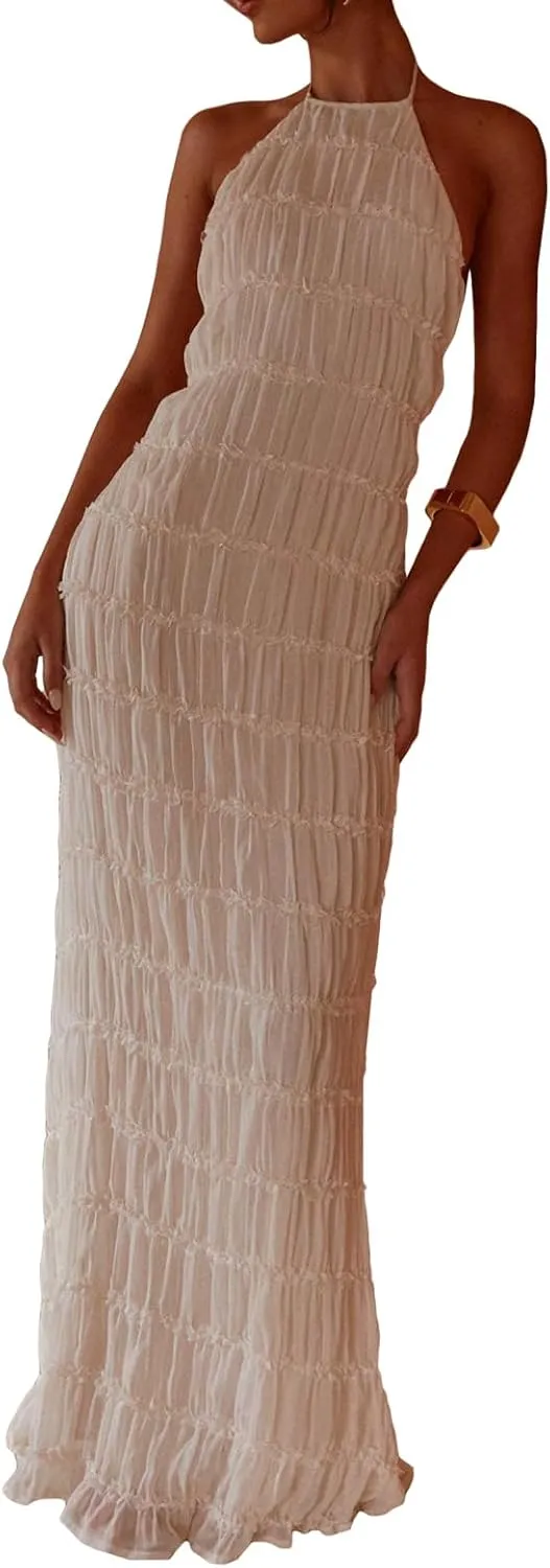 Sastianaen Women Summer Halter Neck Backless Maxi Dress Y2K Sexy Cut Out Flowy Tiered Ruffle Beach Long Dress