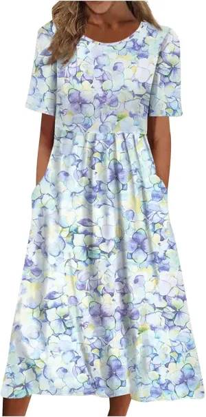 Segaven Dresses for Women 2024 Printed Round Neck Long Dresses Pocket Pleated Dresses Short Sleeve Casual Maxi Dress