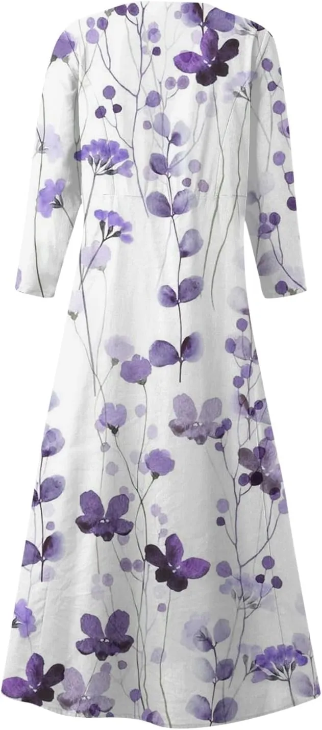Segaven Womens Dresses 3/4 Sleeve Printed Sundresses with Pocket U Neck Boho Flowy Beach Dress Trendy Maxi Dresses