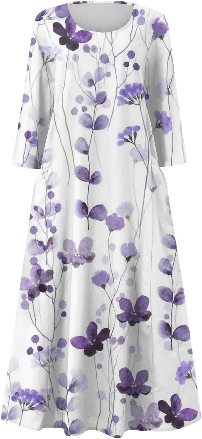 Segaven Womens Dresses 3/4 Sleeve Printed Sundresses with Pocket U Neck Boho Flowy Beach Dress Trendy Maxi Dresses