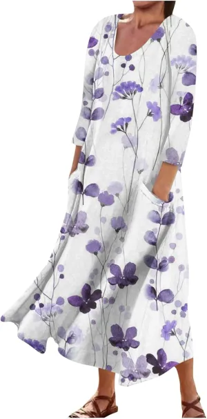 Segaven Womens Dresses 3/4 Sleeve Printed Sundresses with Pocket U Neck Boho Flowy Beach Dress Trendy Maxi Dresses