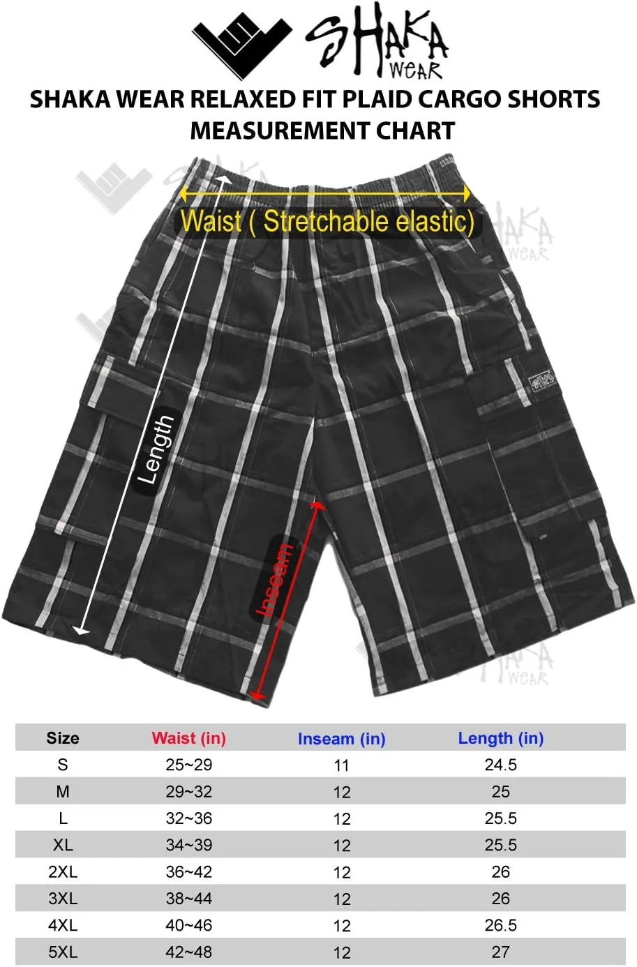 Shaka Wear Men's Cargo Shorts  Casual Plaid Relaxed Loose Fit Elastic Waist Multi Pocket Pants Regular Big S~5XL
