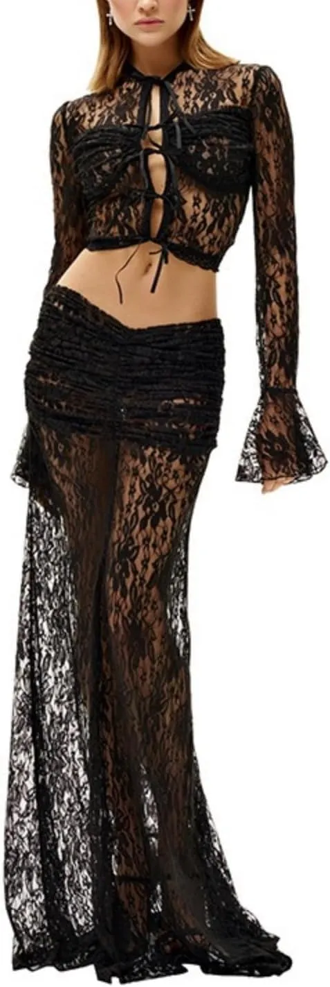 Skirt Suit Set for Women - Romantic Long Bell Sleeve Lace Tops Sheer Maxi Flowy Skirt Fairy Skirt Vintage Dresses