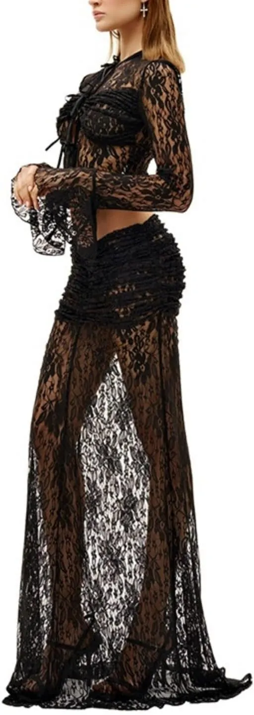 Skirt Suit Set for Women - Romantic Long Bell Sleeve Lace Tops Sheer Maxi Flowy Skirt Fairy Skirt Vintage Dresses