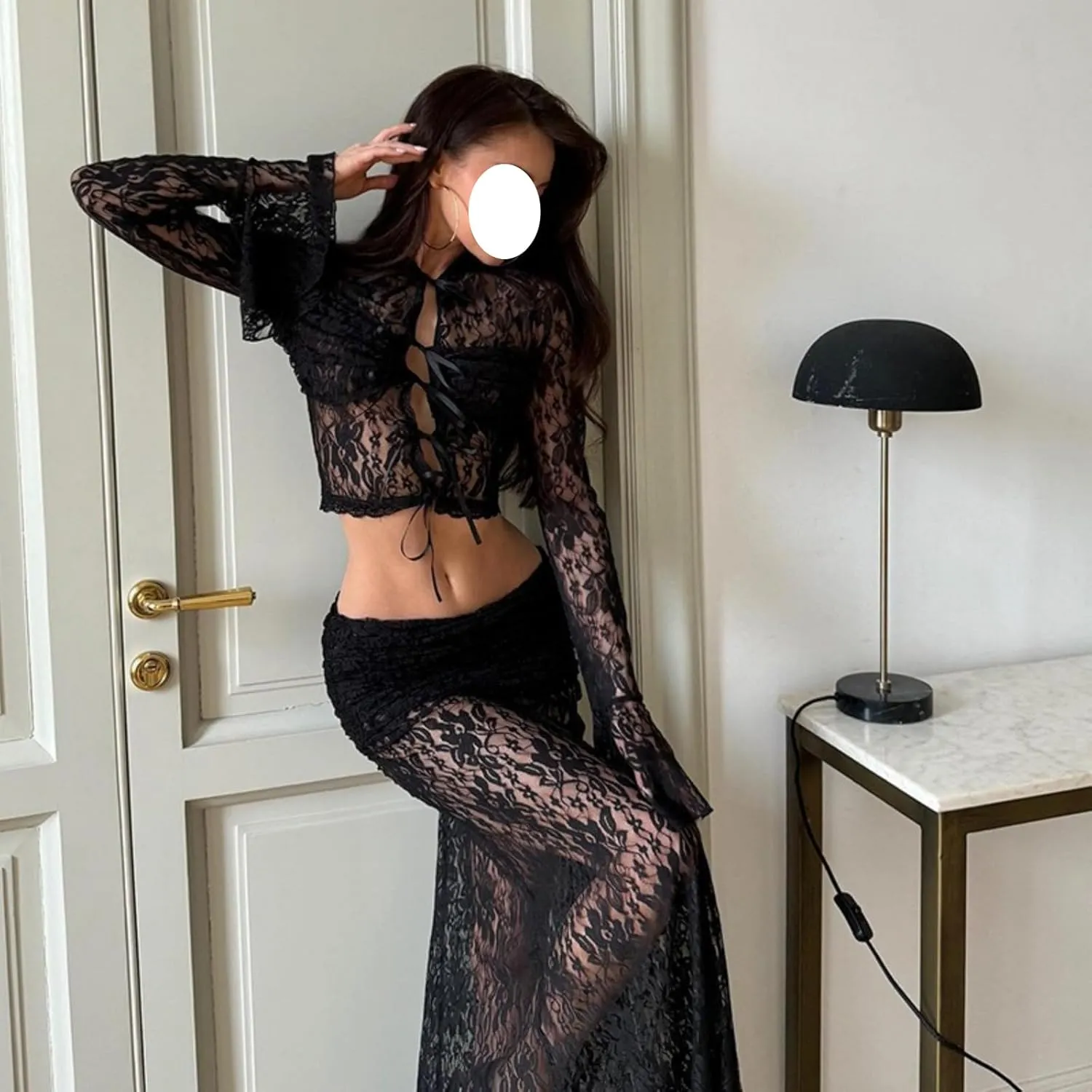 Skirt Suit Set for Women - Romantic Long Bell Sleeve Lace Tops Sheer Maxi Flowy Skirt Fairy Skirt Vintage Dresses