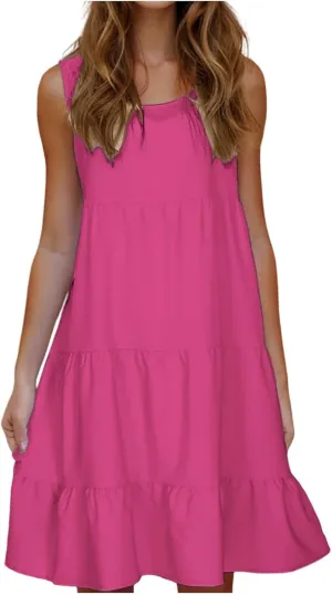 Sleeveless Sundress for Women Round Neck Pleated Ruffle Hem Midi Dress Summer Beach Vacation Casual Tank Dress