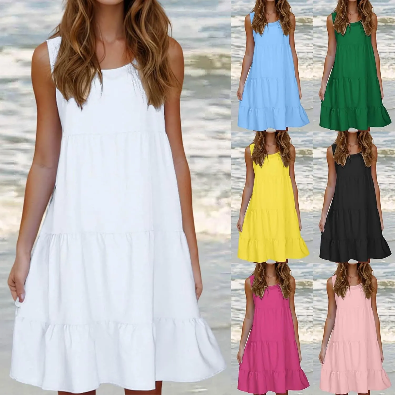 Sleeveless Sundress for Women Round Neck Pleated Ruffle Hem Midi Dress Summer Beach Vacation Casual Tank Dress