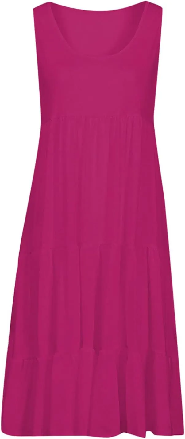 Sleeveless Sundress for Women Round Neck Pleated Ruffle Hem Midi Dress Summer Beach Vacation Casual Tank Dress