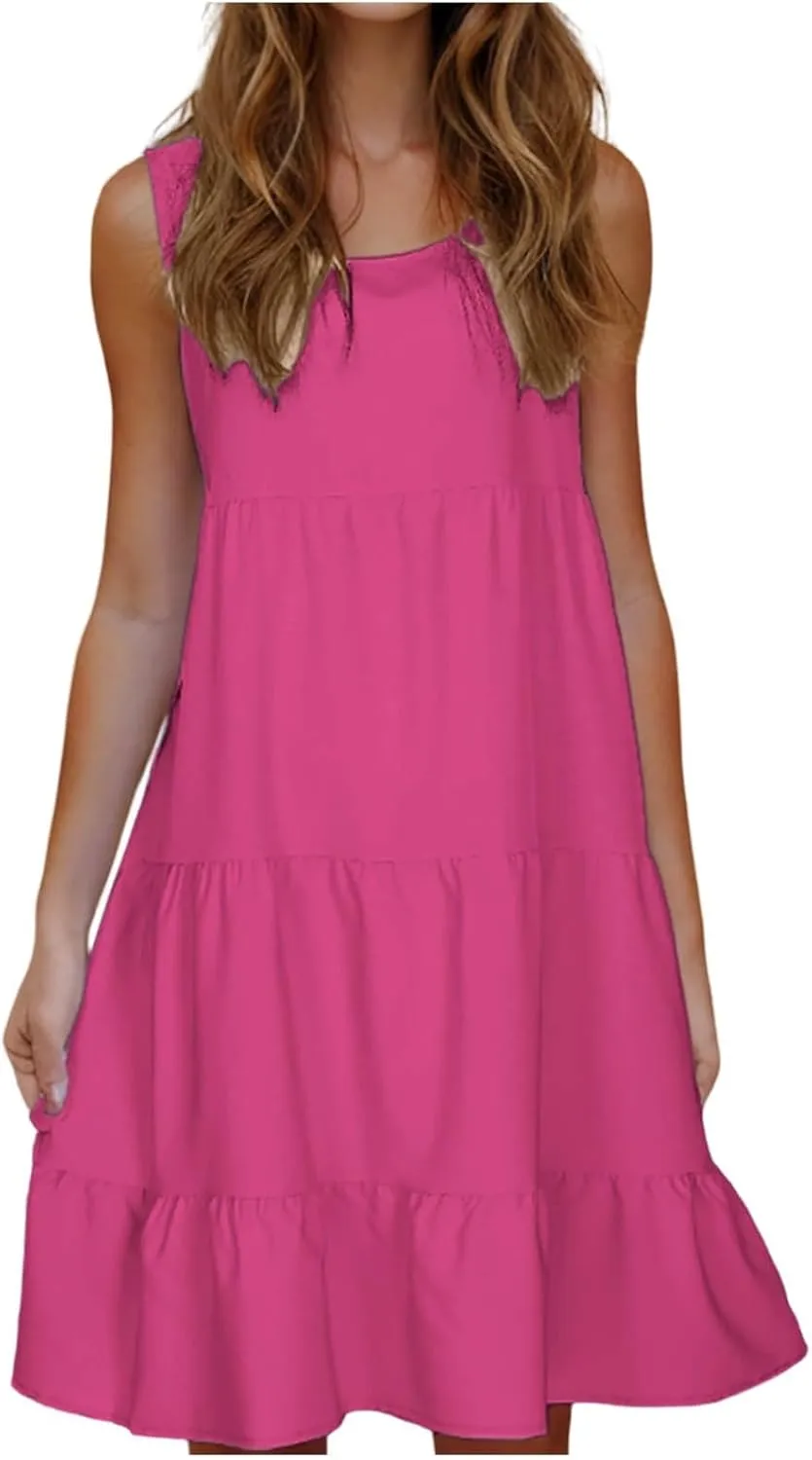 Sleeveless Sundress for Women Round Neck Pleated Ruffle Hem Midi Dress Summer Beach Vacation Casual Tank Dress