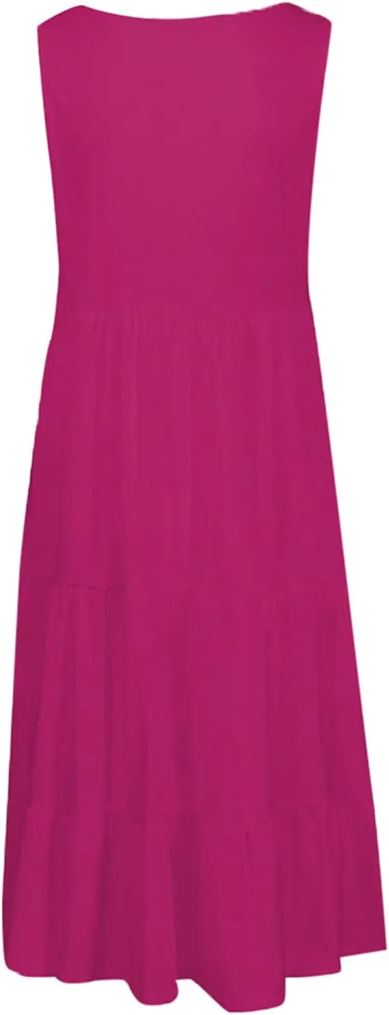 Sleeveless Sundress for Women Round Neck Pleated Ruffle Hem Midi Dress Summer Beach Vacation Casual Tank Dress