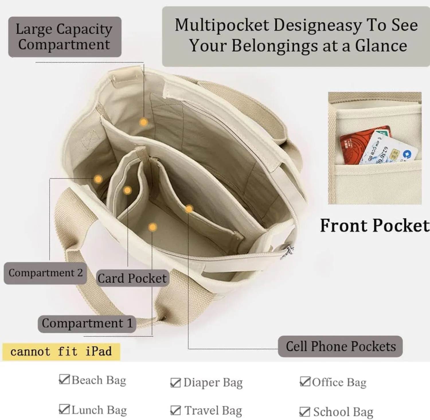 Small Tote Bag with Zipper Canvas Tote Bags Crossbody Bag with Compartments Shoulder Bag Satchel Hobo Bag Messenger Bag