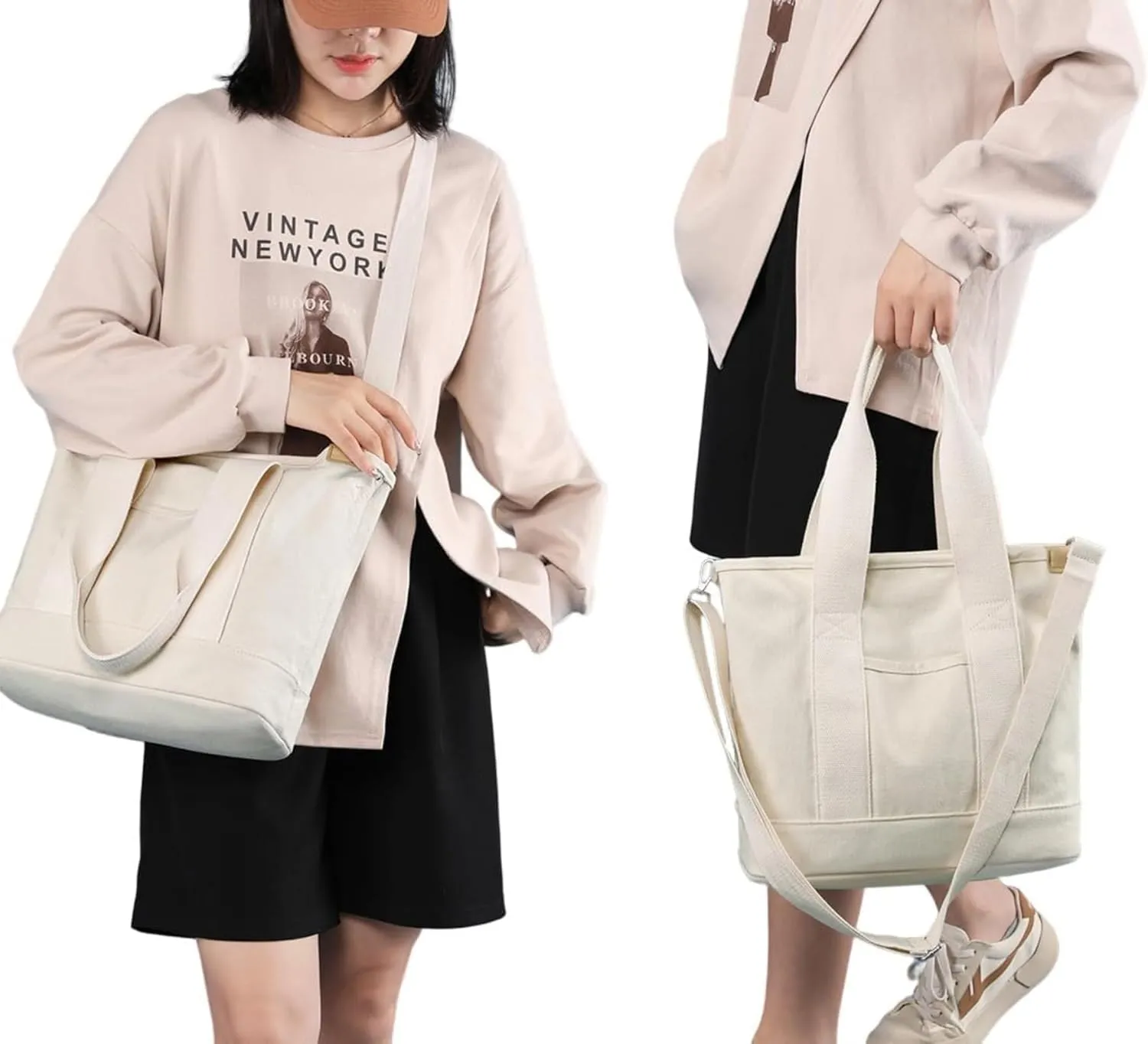 Small Tote Bag with Zipper Canvas Tote Bags Crossbody Bag with Compartments Shoulder Bag Satchel Hobo Bag Messenger Bag