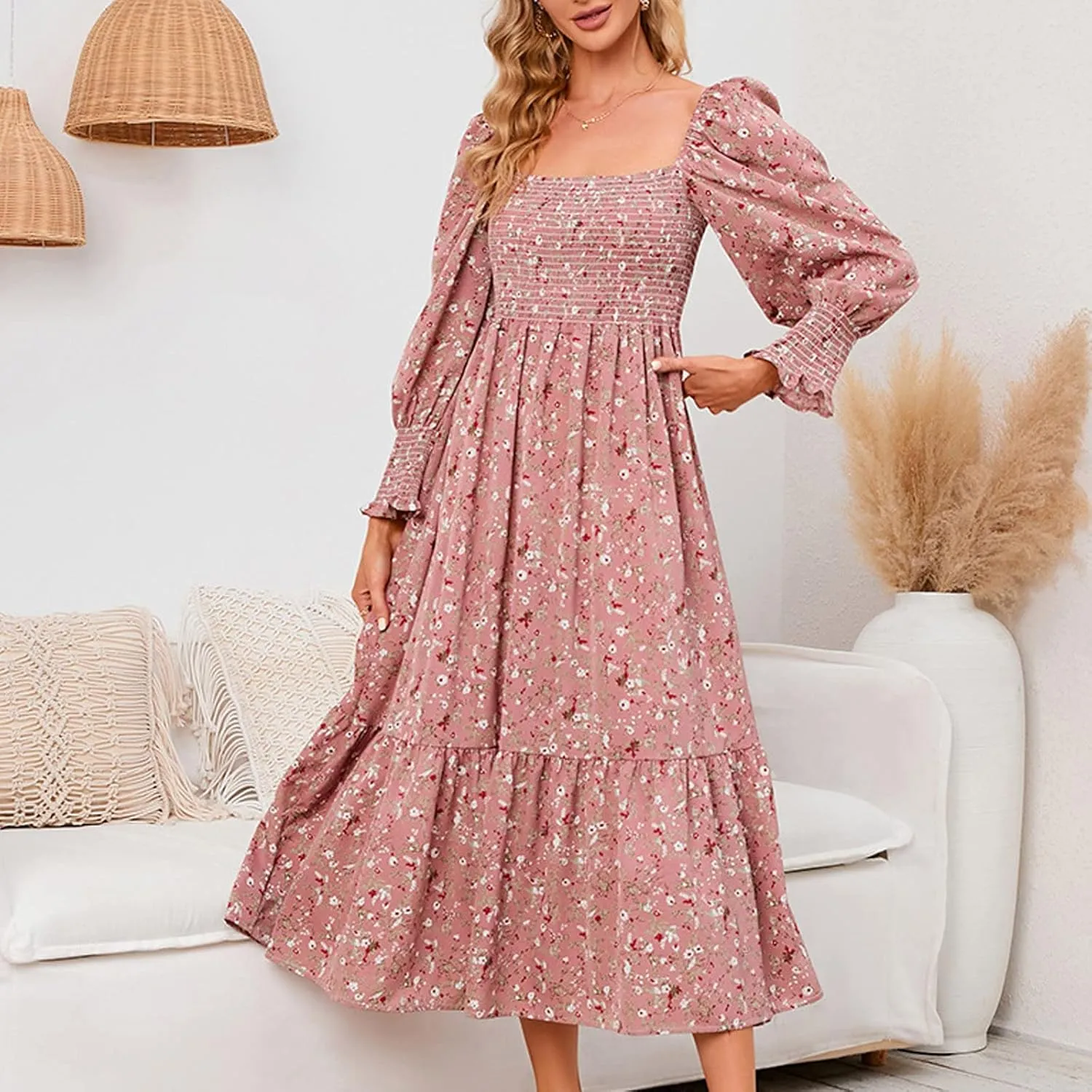 SMIDOW Bohemian Dress for Women Summer 2023 Long Sleeve Square Neck Maxi Dress Smocked Ruffle Flowy Chiffon Beach Sundress