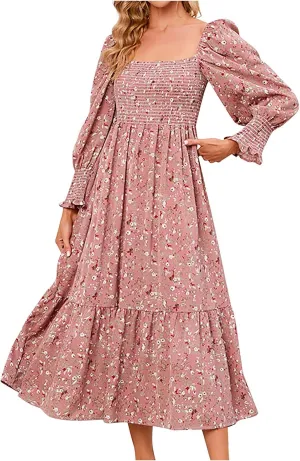 SMIDOW Bohemian Dress for Women Summer 2023 Long Sleeve Square Neck Maxi Dress Smocked Ruffle Flowy Chiffon Beach Sundress