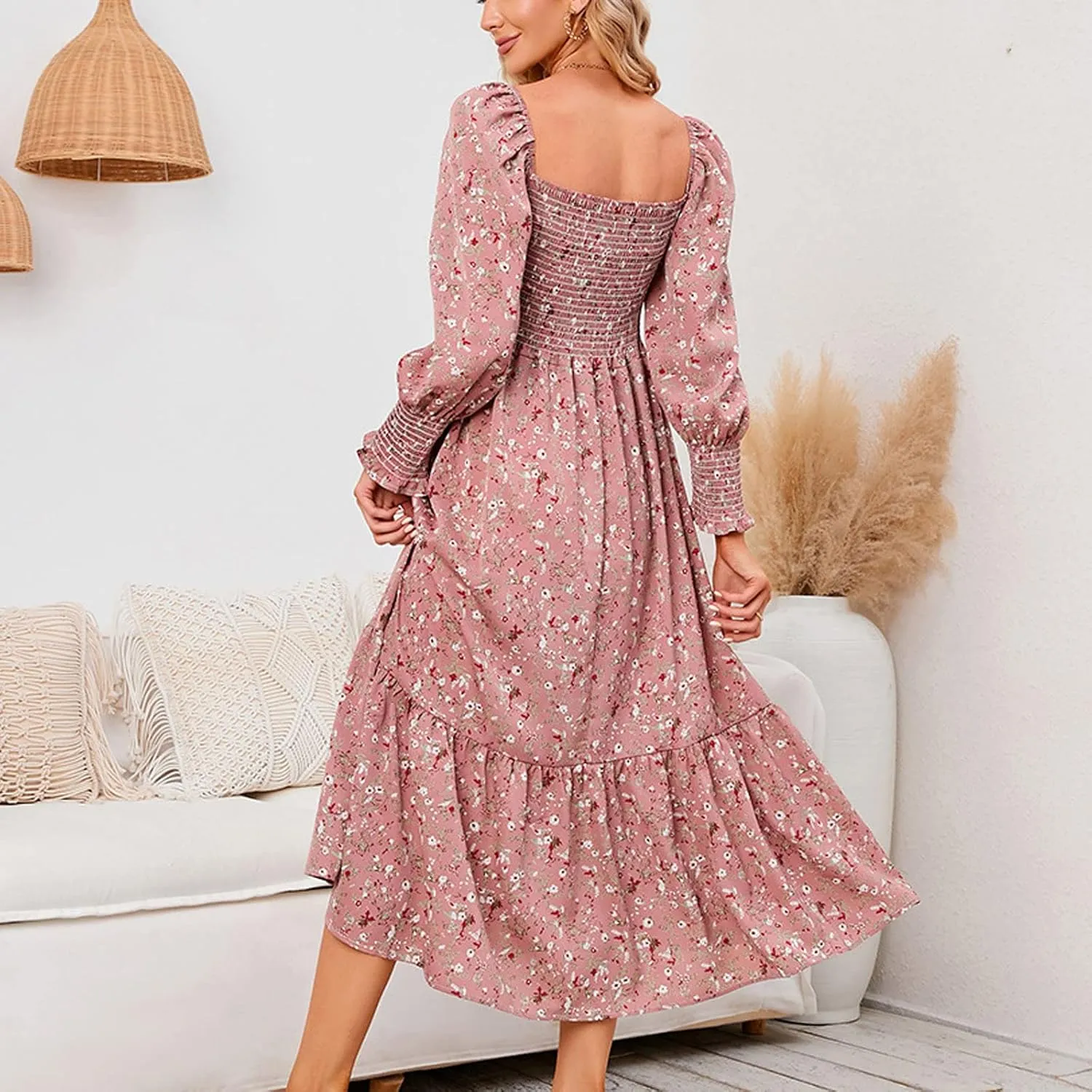 SMIDOW Bohemian Dress for Women Summer 2023 Long Sleeve Square Neck Maxi Dress Smocked Ruffle Flowy Chiffon Beach Sundress