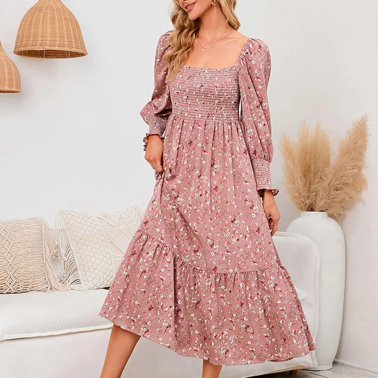 SMIDOW Bohemian Dress for Women Summer 2023 Long Sleeve Square Neck Maxi Dress Smocked Ruffle Flowy Chiffon Beach Sundress