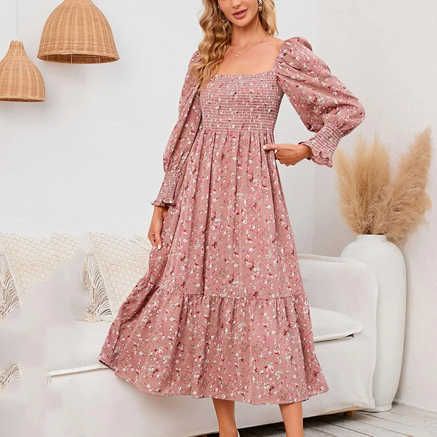 SMIDOW Bohemian Dress for Women Summer 2023 Long Sleeve Square Neck Maxi Dress Smocked Ruffle Flowy Chiffon Beach Sundress