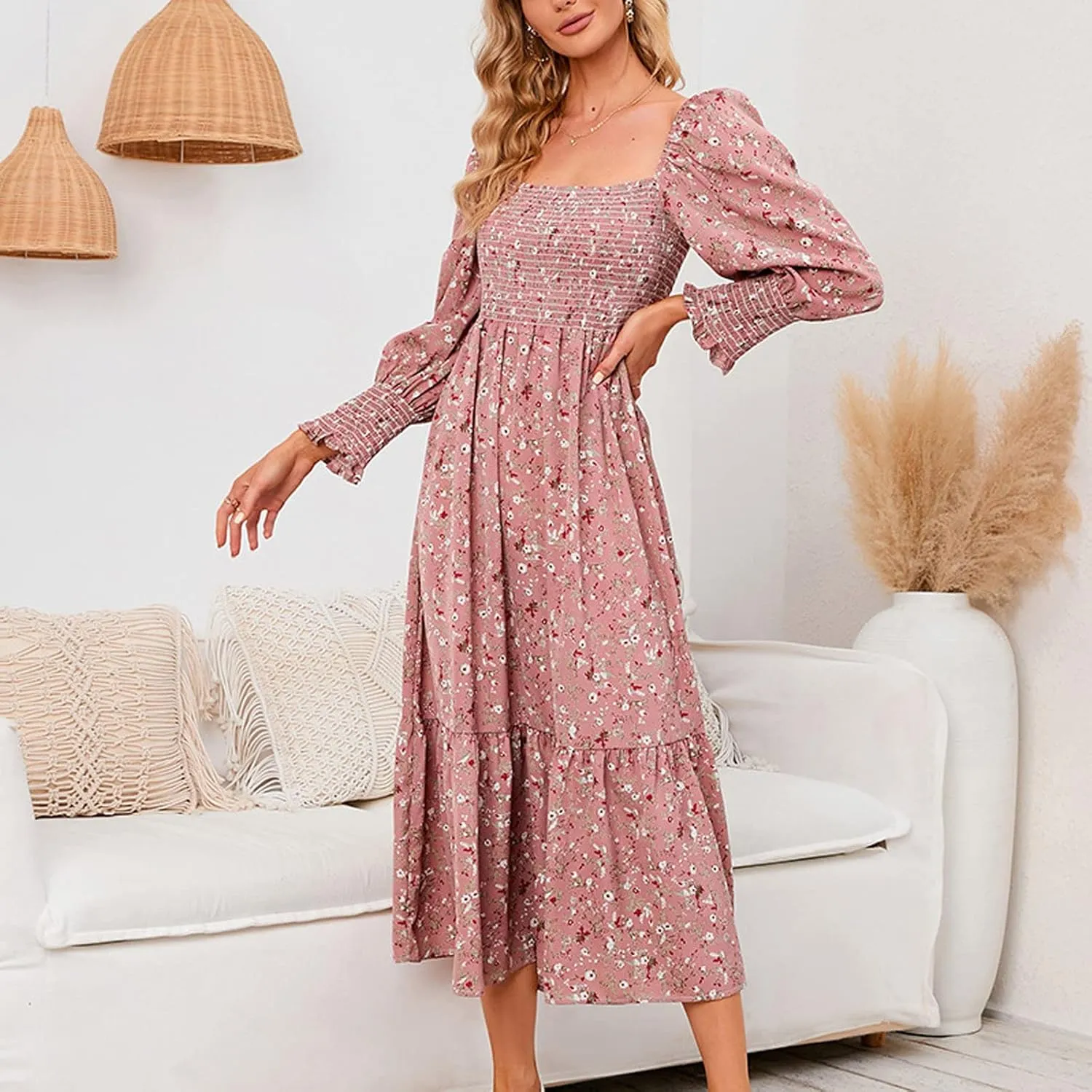 SMIDOW Bohemian Dress for Women Summer 2023 Long Sleeve Square Neck Maxi Dress Smocked Ruffle Flowy Chiffon Beach Sundress