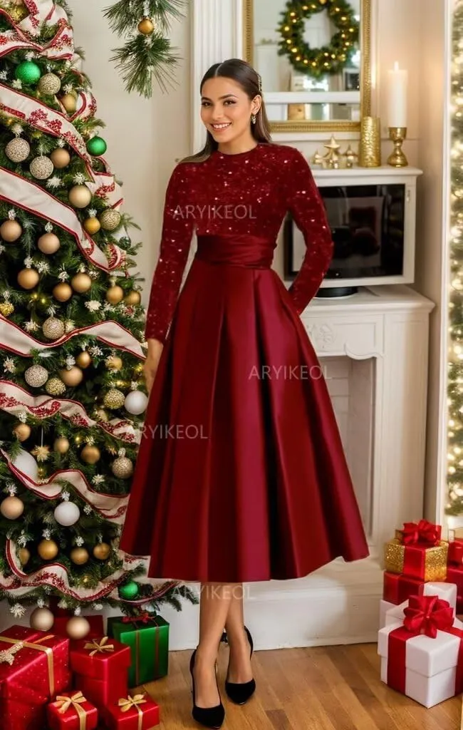 Sparkly Long Sleeve Mother of The Bride Dress Tea Length Satin A-Line Evening Gowns for Women