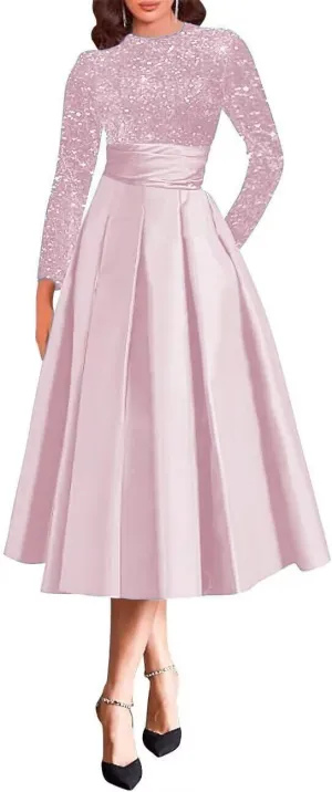 Sparkly Long Sleeve Mother of The Bride Dress Tea Length Satin A-Line Evening Gowns for Women