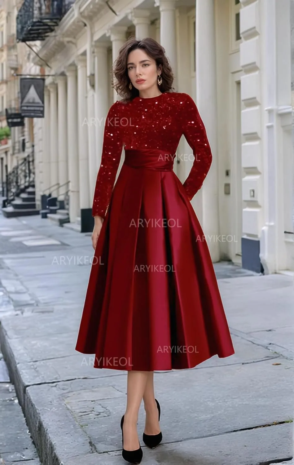 Sparkly Long Sleeve Mother of The Bride Dress Tea Length Satin A-Line Evening Gowns for Women