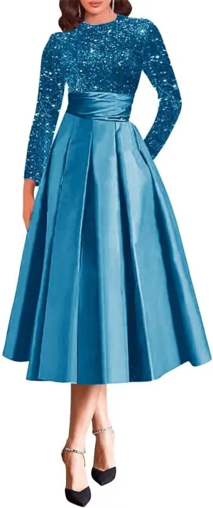 Sparkly Long Sleeve Mother of The Bride Dress Tea Length Satin A-Line Evening Gowns for Women