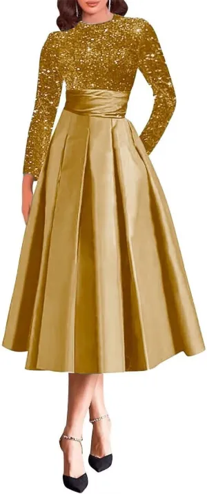 Sparkly Long Sleeve Mother of The Bride Dress Tea Length Satin A-Line Evening Gowns for Women