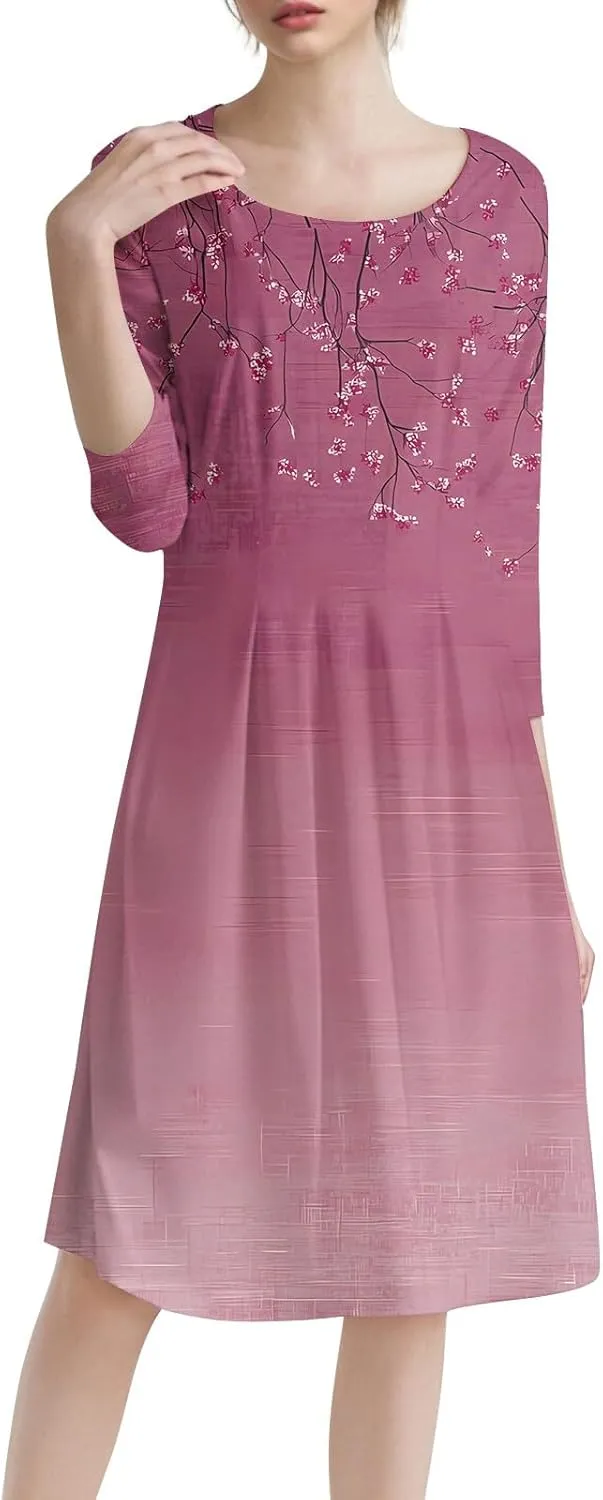 Spring Dresses for Women 2025 3/4 Sleeve Round Neck Church Dresses Pleated Knee Length Dress with Pockets Curvy Dress