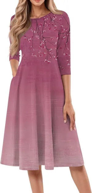 Spring Dresses for Women 2025 3/4 Sleeve Round Neck Church Dresses Pleated Knee Length Dress with Pockets Curvy Dress