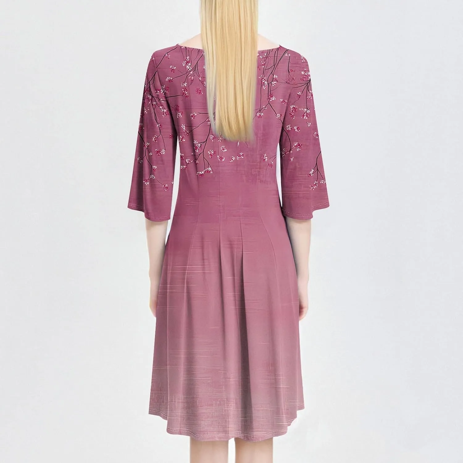 Spring Dresses for Women 2025 3/4 Sleeve Round Neck Church Dresses Pleated Knee Length Dress with Pockets Curvy Dress