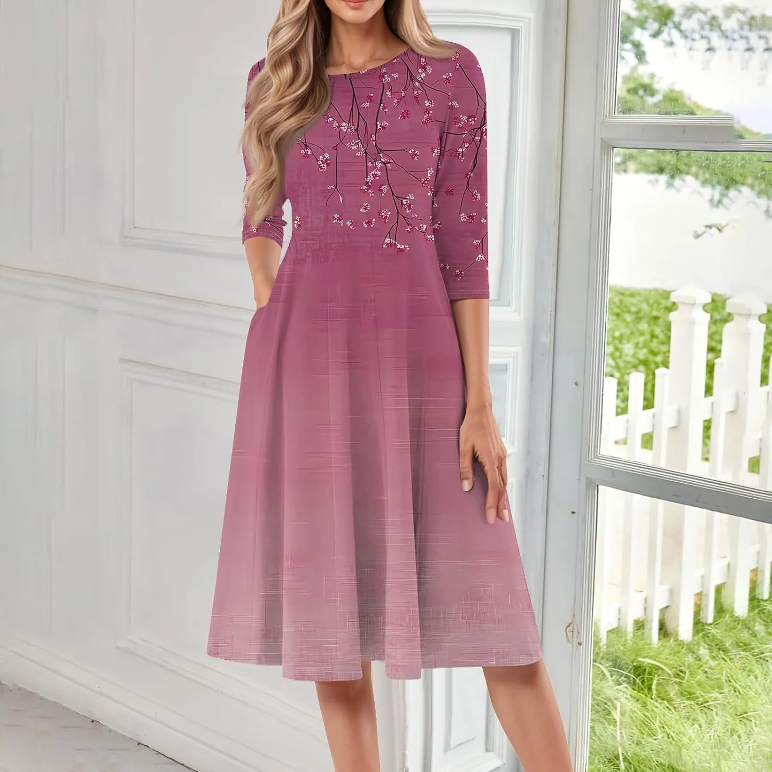 Spring Dresses for Women 2025 3/4 Sleeve Round Neck Church Dresses Pleated Knee Length Dress with Pockets Curvy Dress
