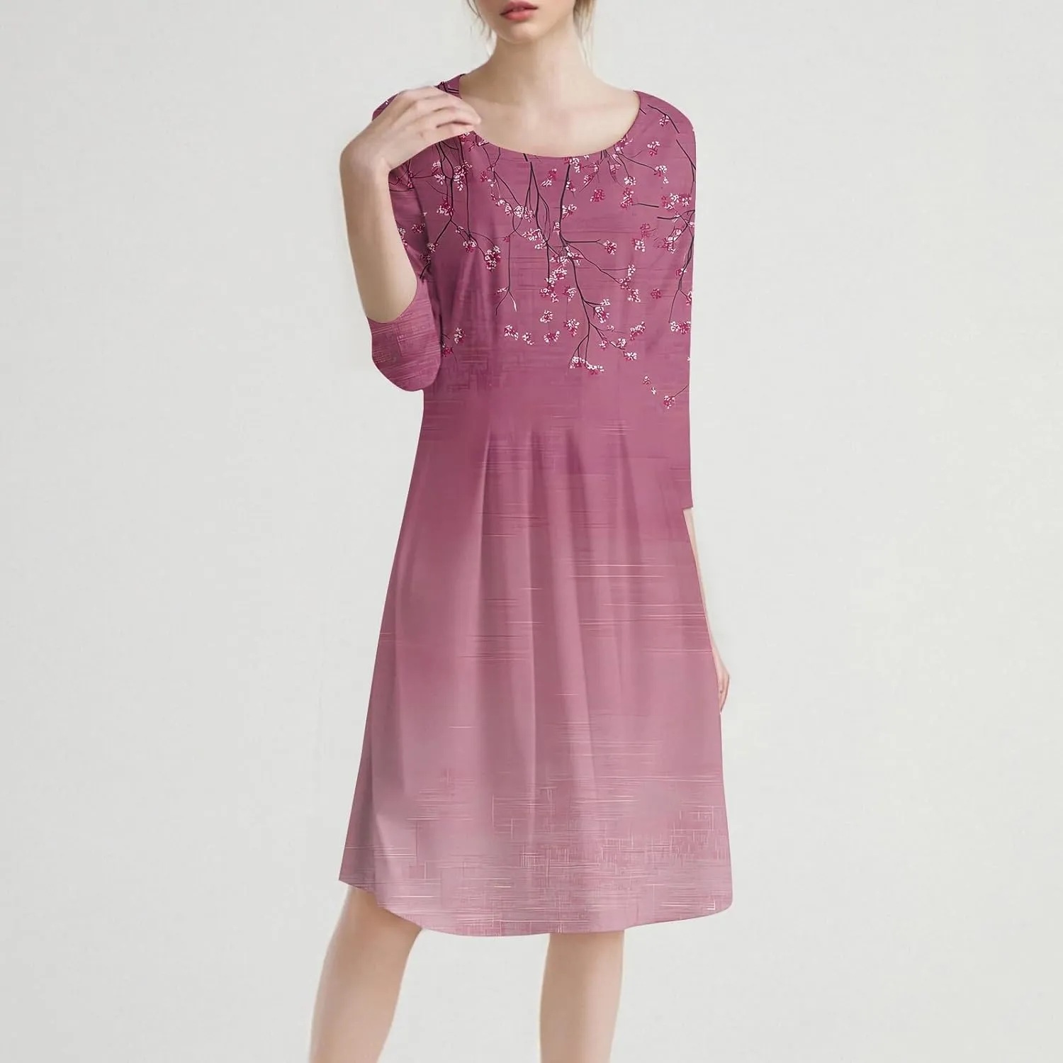 Spring Dresses for Women 2025 3/4 Sleeve Round Neck Church Dresses Pleated Knee Length Dress with Pockets Curvy Dress