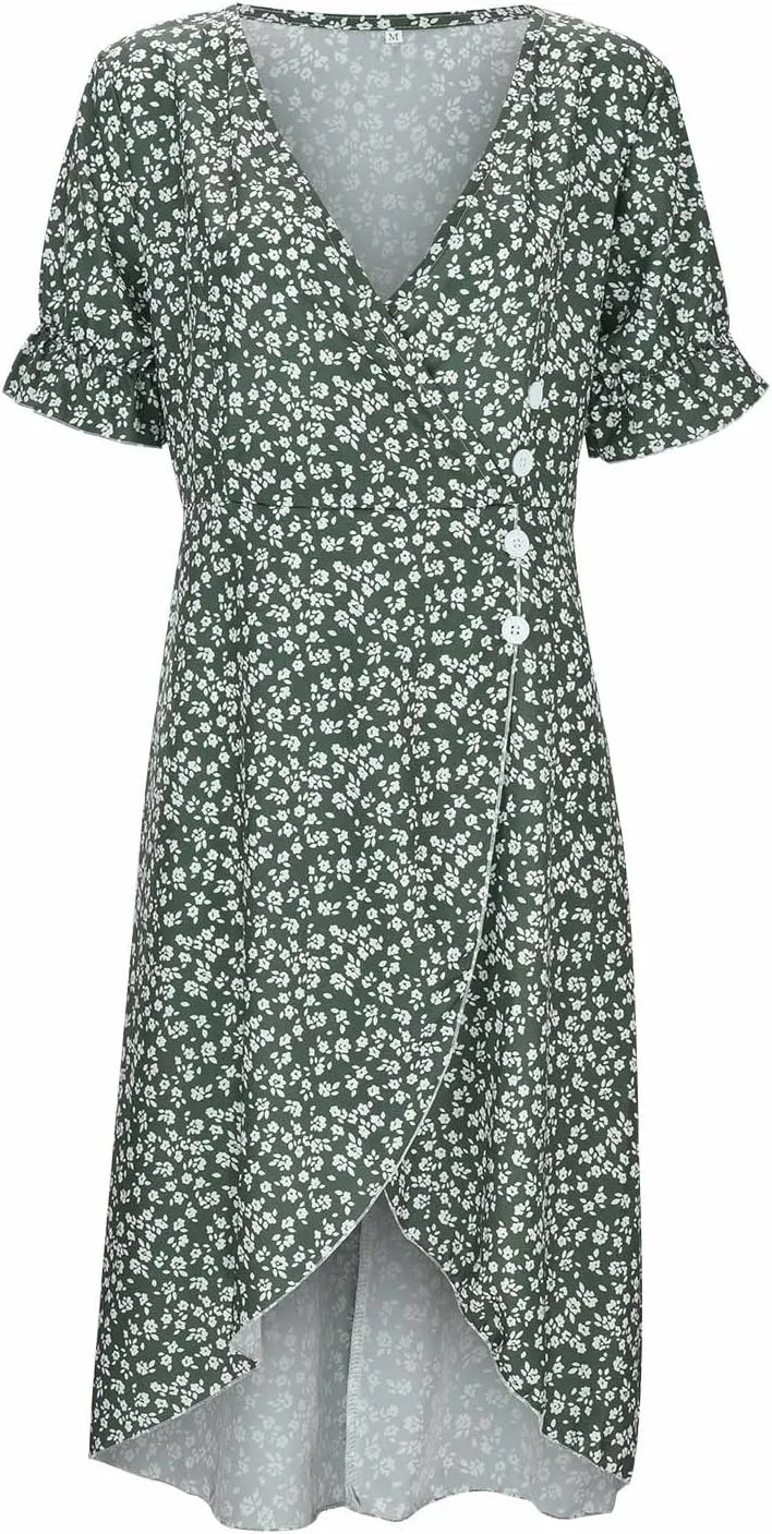 Spring Dresses for Women 2025 V Neck Puff Sleeves Elegant Wrap Midi Dress Boho Flowy Ruched Irregular Hem Beach Dress